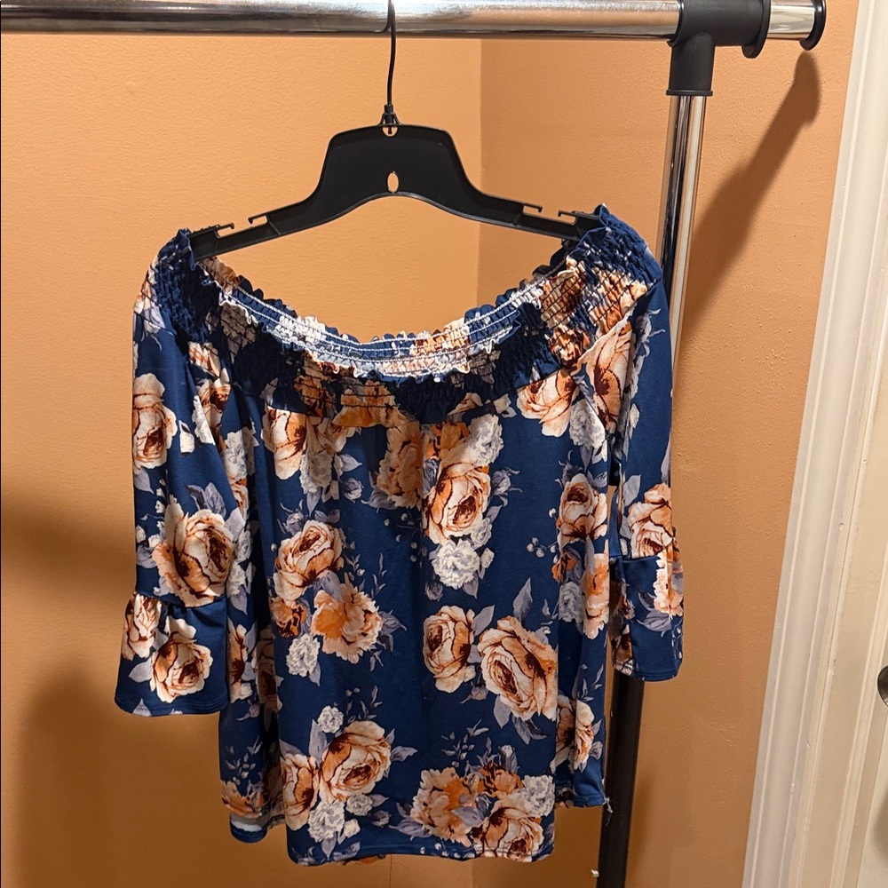 Elegant Floral Off-Shoulder Blouse - Navy and Peach